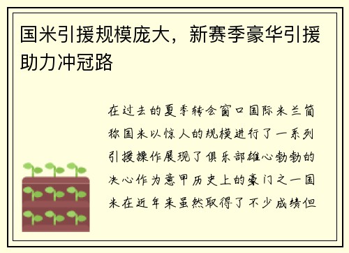 国米引援规模庞大，新赛季豪华引援助力冲冠路